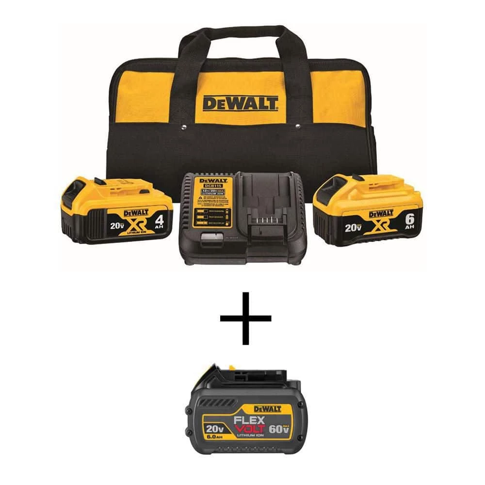 DEWALT 20V MAX Lithium-Ion Starter Kit 6.0Ah Battery, 4.0Ah Battery, Charger & Kit Bag and FLEXVOLT 20V/60V 6.0Ah Battery 1 DEWALT 20V MAX Lithium-Ion Starter Kit 6.0Ah Battery, 4.0Ah Battery, Charger & Kit Bag and FLEXVOLT 20V/60V 6.0Ah Battery