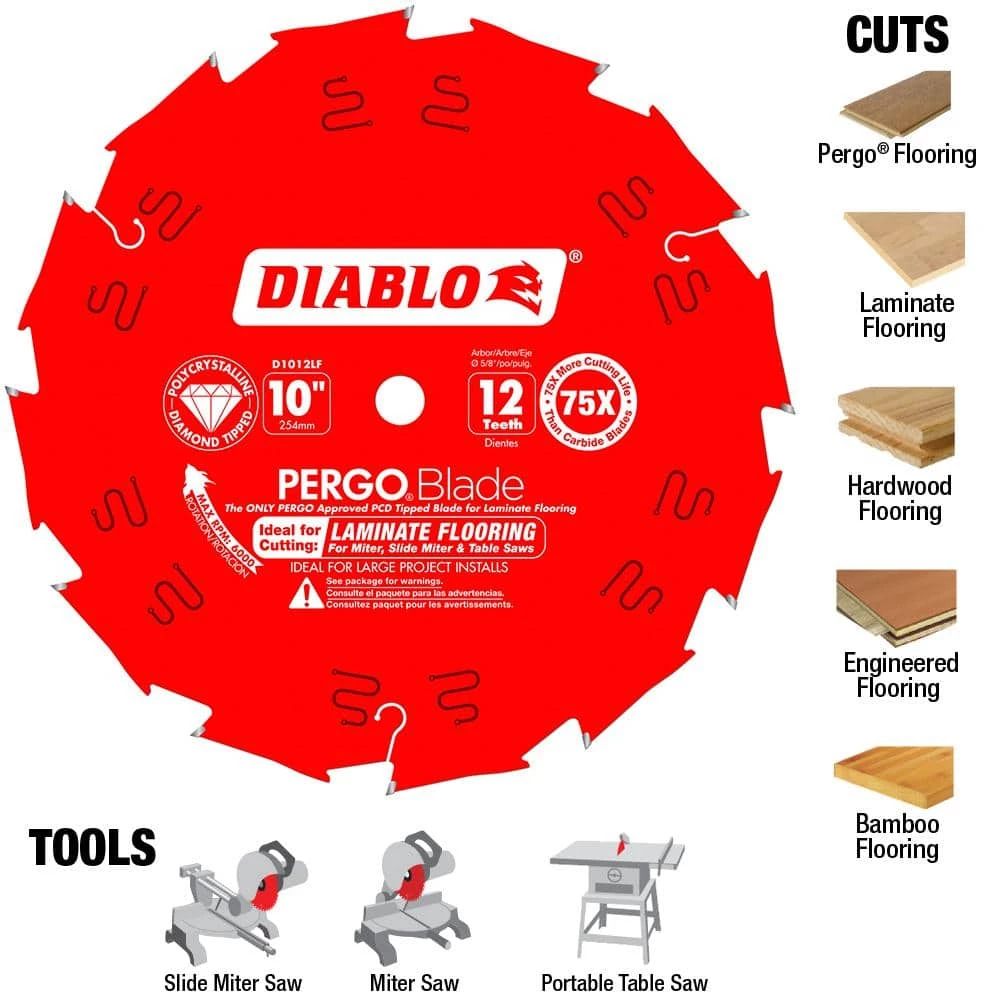 DIABLO PERGOBlade 10 in. x 12-Tooth Polycrystalline Diamond (PCD) Tipped Ultimate Flooring Circular Saw Blade 5 DIABLO PERGOBlade 10 in. x 12-Tooth Polycrystalline Diamond (PCD) Tipped Ultimate Flooring Circular Saw Blade - Image 5