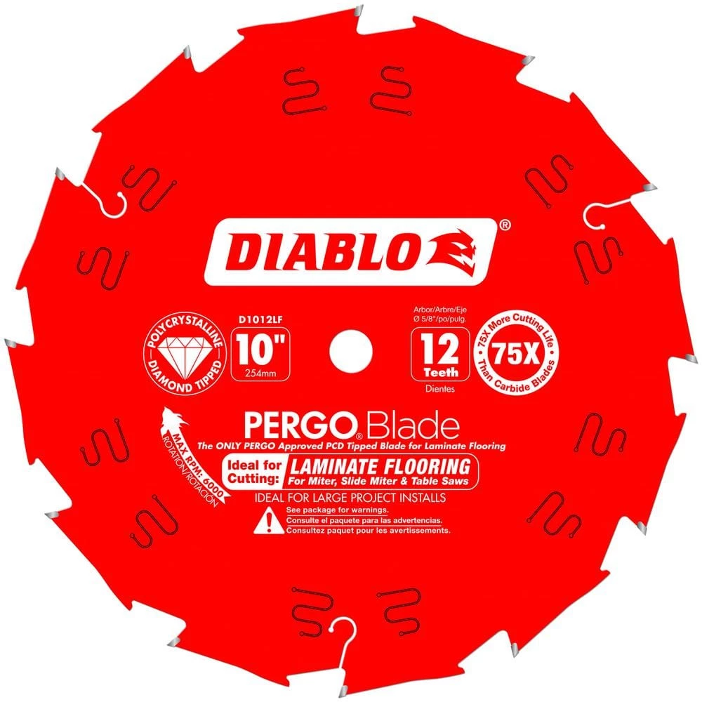 DIABLO PERGOBlade 10 in. x 12-Tooth Polycrystalline Diamond (PCD) Tipped Ultimate Flooring Circular Saw Blade 1 DIABLO PERGOBlade 10 in. x 12-Tooth Polycrystalline Diamond (PCD) Tipped Ultimate Flooring Circular Saw Blade