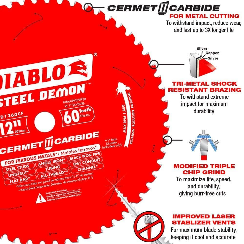 DIABLO Steel Demon 12 in. x 60-Tooth Cermet II Metals and Stainless Steel Circular Saw Blade 3 DIABLO Steel Demon 12 in. x 60-Tooth Cermet II Metals and Stainless Steel Circular Saw Blade - Image 3