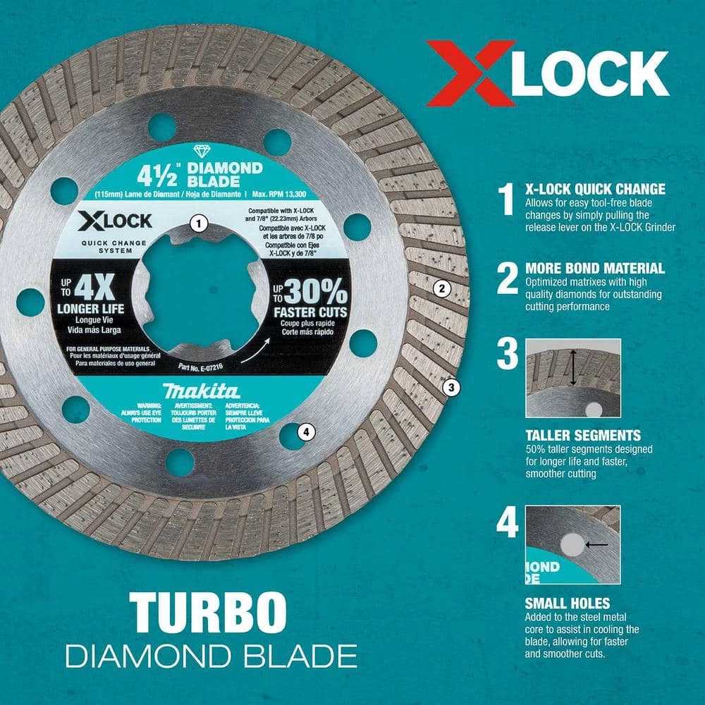 Makita X-LOCK 4-1/2 in. Turbo Rim Diamond Blade for Masonry Cutting 7 Makita X-LOCK 4-1/2 in. Turbo Rim Diamond Blade for Masonry Cutting - Image 7