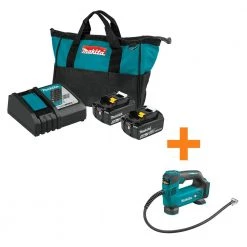 Makita 18-Volt LXT Lithium-Ion Battery and Rapid Optimum Charger Starter Pack (5.0Ah) with bonus 18V LXT Inflator (Tool-Only)