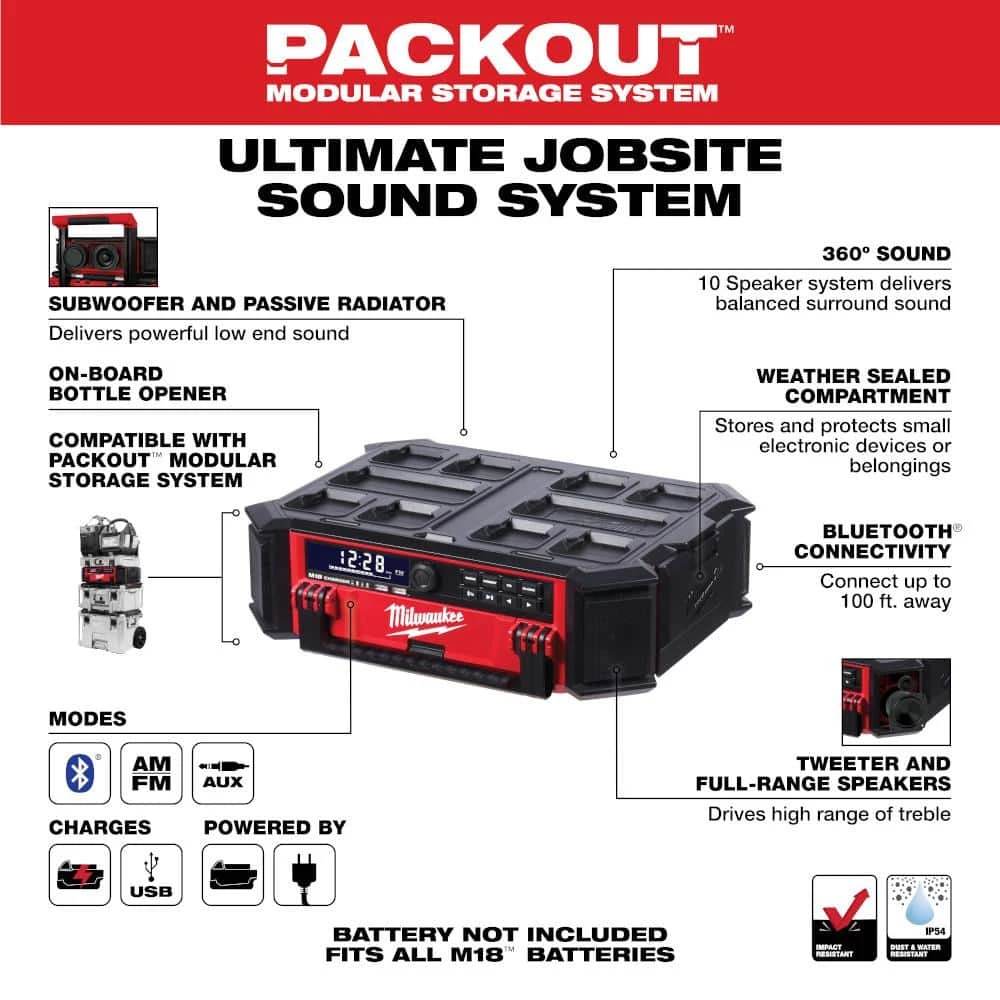 Milwaukee M18 Lithium-Ion Cordless PACKOUT Radio/Speaker with Built-In Charger 3 Milwaukee M18 Lithium-Ion Cordless PACKOUT Radio/Speaker with Built-In Charger - Image 3