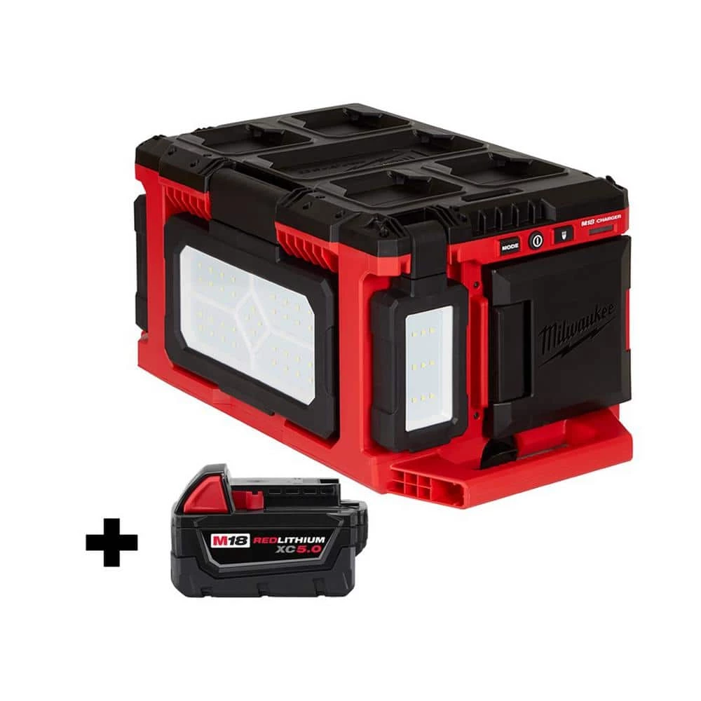 Milwaukee M18 18-Volt Lithium-Ion Cordless PACKOUT 3000 Lumens LED Light with Built-In Charger with (1) 5.0 Ah Battery 1 Milwaukee M18 18-Volt Lithium-Ion Cordless PACKOUT 3000 Lumens LED Light with Built-In Charger with (1) 5.0 Ah Battery