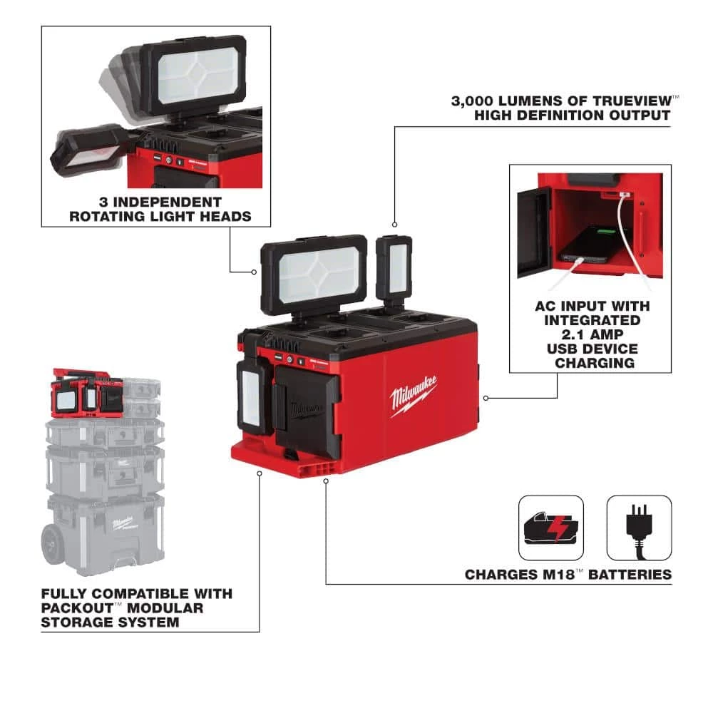 Milwaukee M18 18-Volt Lithium-Ion Cordless PACKOUT 3000 Lumens LED Light with Built-In Charger with (1) 5.0 Ah Battery 2 Milwaukee M18 18-Volt Lithium-Ion Cordless PACKOUT 3000 Lumens LED Light with Built-In Charger with (1) 5.0 Ah Battery - Image 2