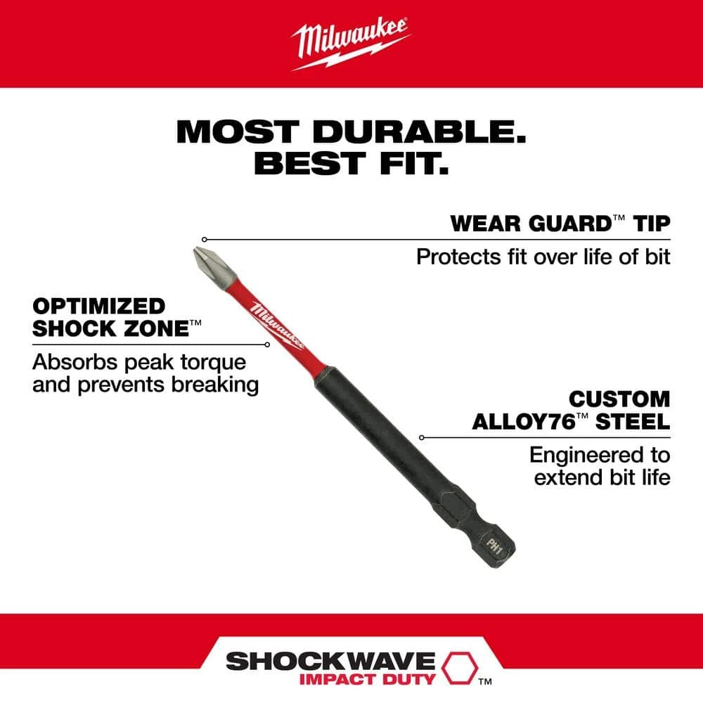 Milwaukee SHOCKWAVE Impact Duty 3-1/2 in. Phillips #1 Alloy Steel Screw Driver Bit (5-Pack) 4 Milwaukee SHOCKWAVE Impact Duty 3-1/2 in. Phillips #1 Alloy Steel Screw Driver Bit (5-Pack) - Image 4