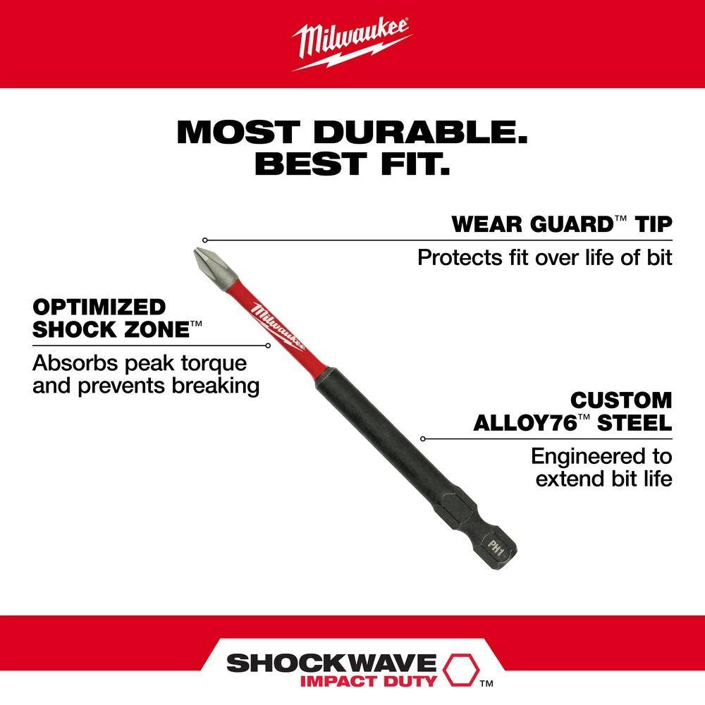Milwaukee SHOCKWAVE Impact Duty 3-1/2 in. Phillips #3 Alloy Steel Screw Driver Bit (5-Pack) 5 Milwaukee SHOCKWAVE Impact Duty 3-1/2 in. Phillips #3 Alloy Steel Screw Driver Bit (5-Pack) - Image 5
