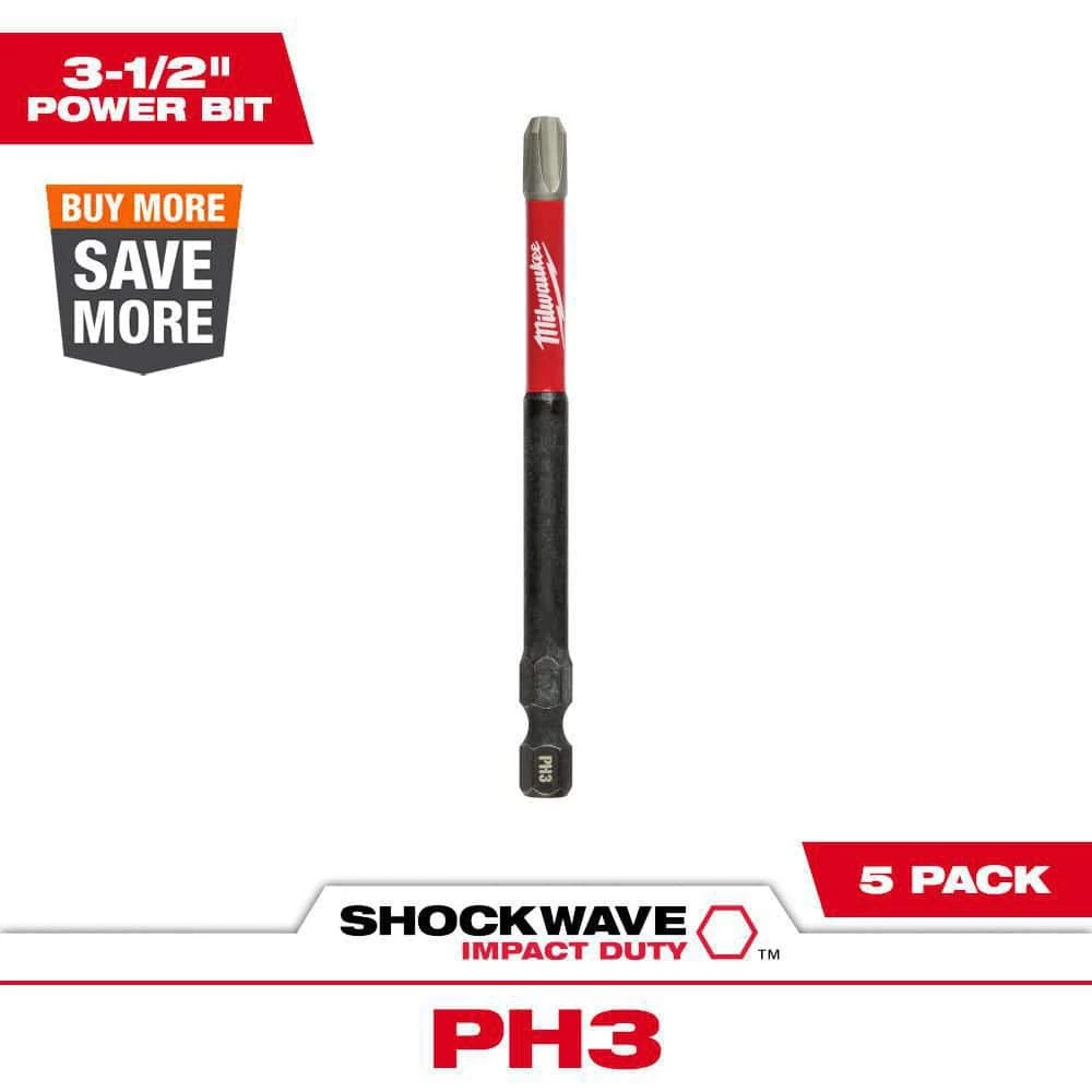 Milwaukee SHOCKWAVE Impact Duty 3-1/2 in. Phillips #3 Alloy Steel Screw Driver Bit (5-Pack) 1 Milwaukee SHOCKWAVE Impact Duty 3-1/2 in. Phillips #3 Alloy Steel Screw Driver Bit (5-Pack)