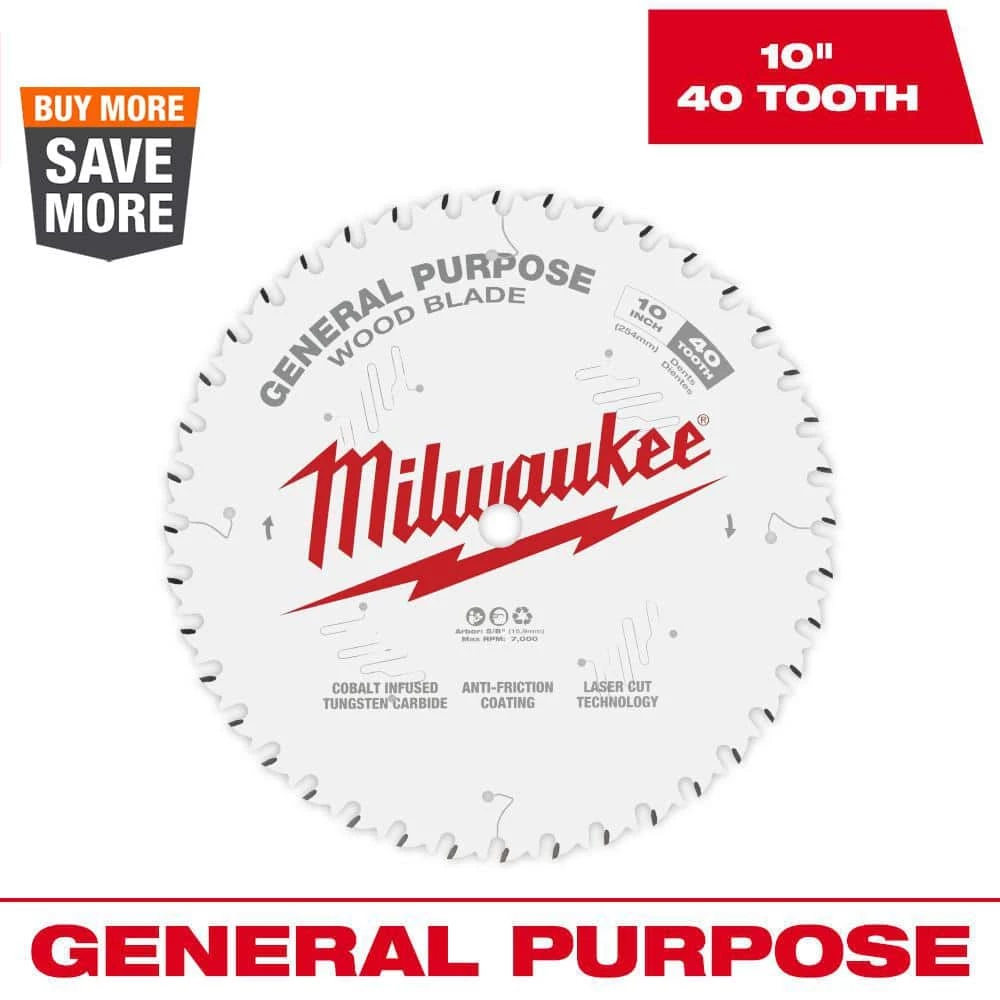 Milwaukee 10 in. x 40-Tooth General Purpose Circular Saw Blade 1 Milwaukee 10 in. x 40-Tooth General Purpose Circular Saw Blade