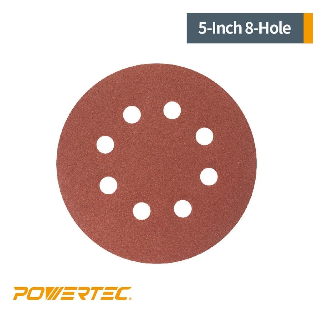 POWERTEC 5 in. 60-Grit Aluminum Oxide Hook and Loop 8-Hole Disc (25-Pack) 4 POWERTEC 5 in. 60-Grit Aluminum Oxide Hook and Loop 8-Hole Disc (25-Pack) - Image 4