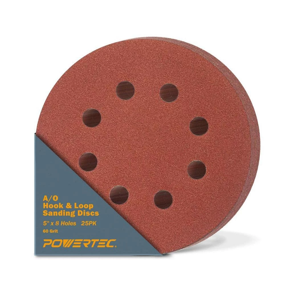 POWERTEC 5 in. 60-Grit Aluminum Oxide Hook and Loop 8-Hole Disc (25-Pack) 1 POWERTEC 5 in. 60-Grit Aluminum Oxide Hook and Loop 8-Hole Disc (25-Pack)